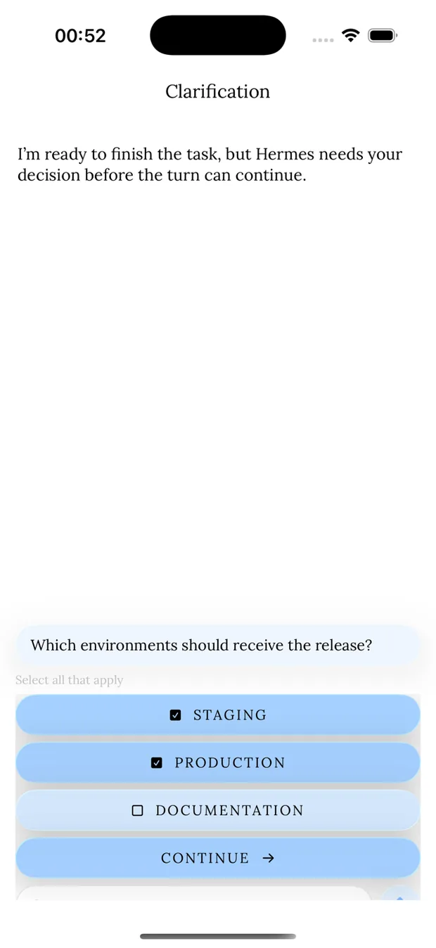 A clarification question answered inline in the transcript