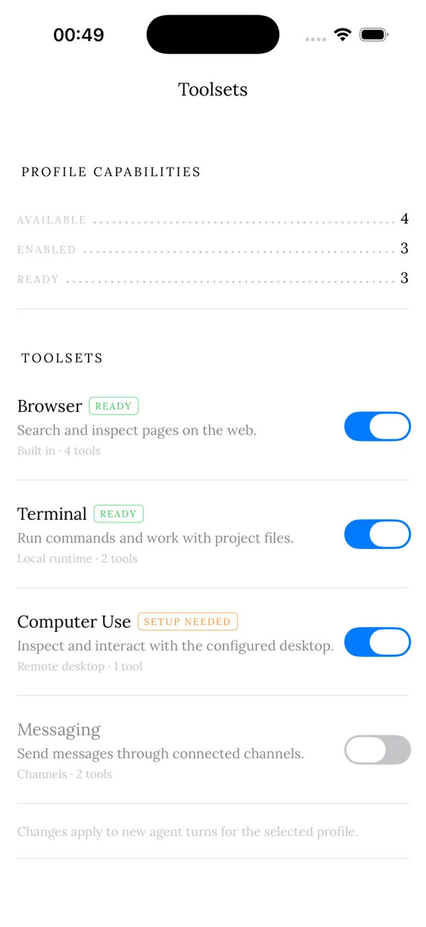 The Toolsets screen with per-toolset switches